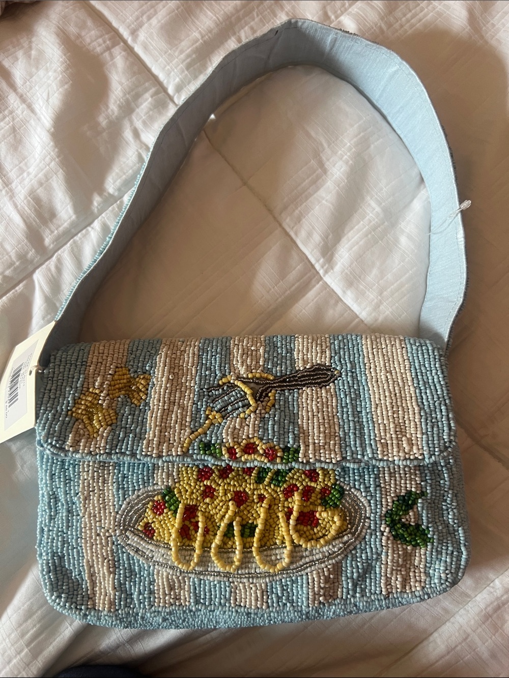Beaded Light Blue Crossbody Bag with Floral Accent